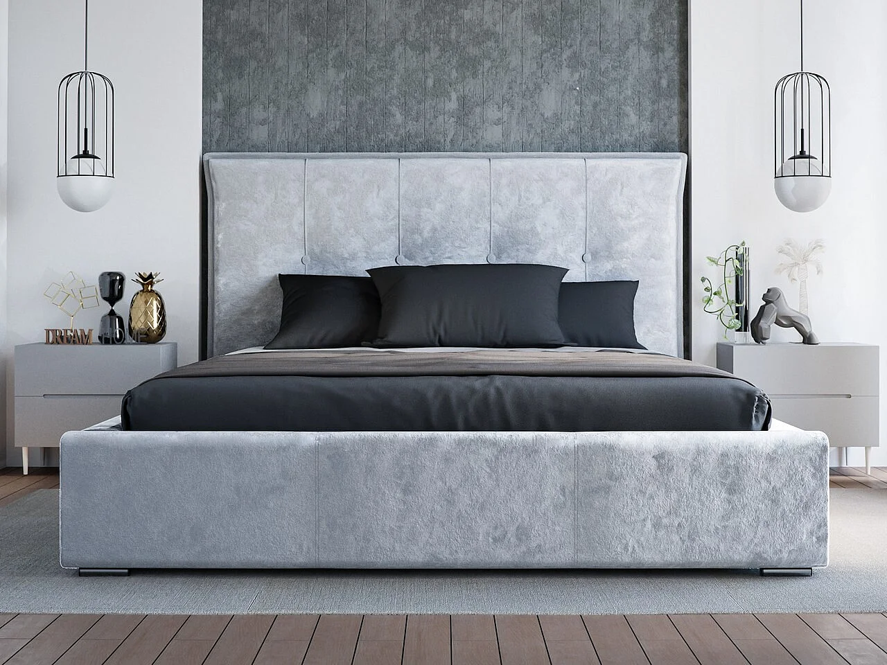 Lit rembourré avec rangement - 160 x 200 - lit double - velours - gris clair - Valencia