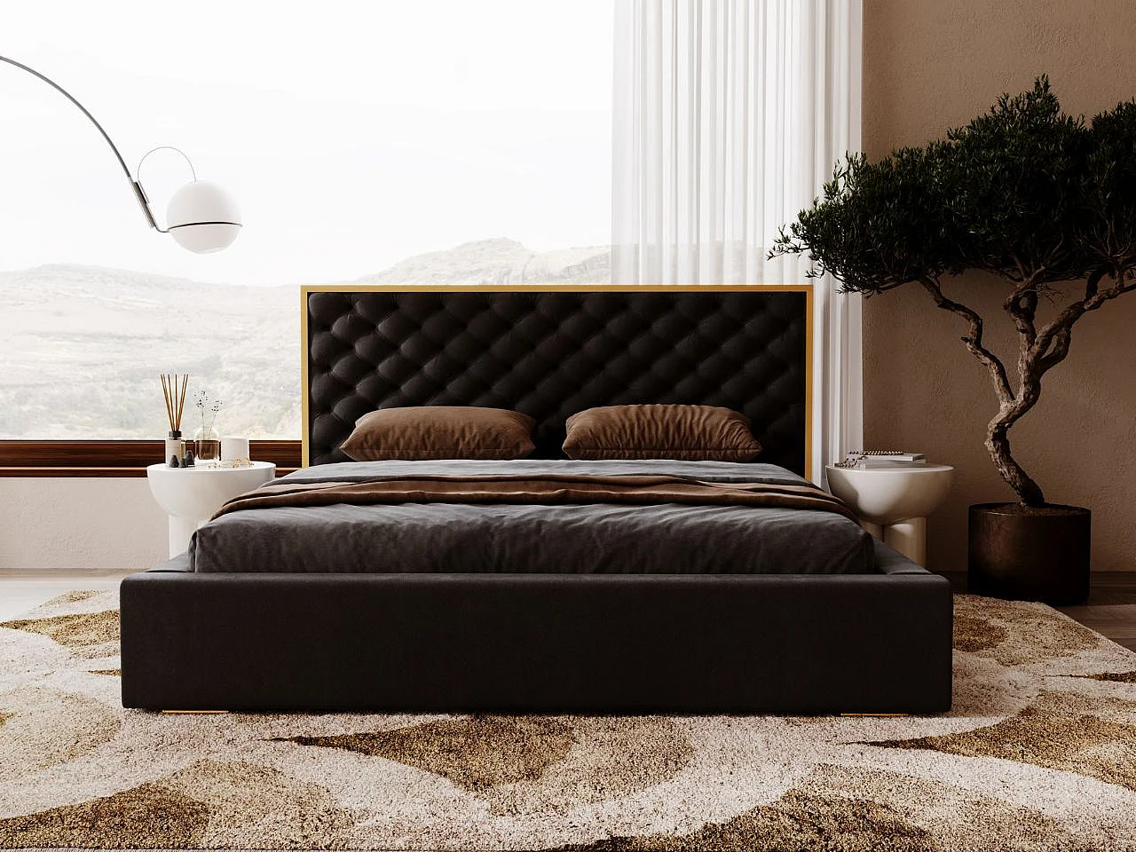 Lit rembourré avec rangement - 180 x 200 - lit double - velours - noir - Bonito