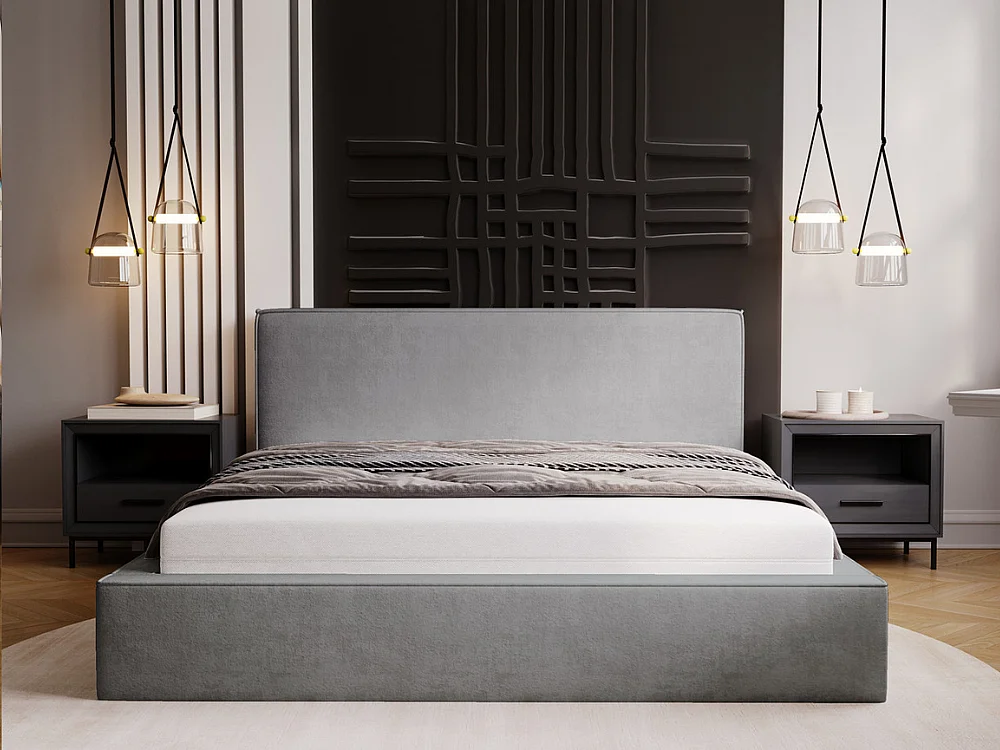 Gestoffeerd bed Monaco 160x200 grijs - opbergruimte voor beddengoed, houten lattenbodem, doorgestikt hoofdbord en bedframe