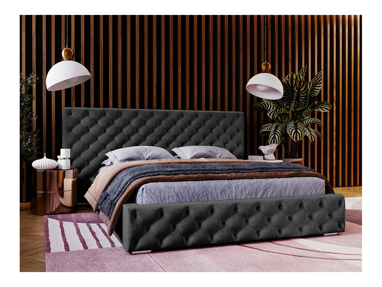 Lit rembourré avec rangement - 160 x 200 - lit double - velours - noir - Madera