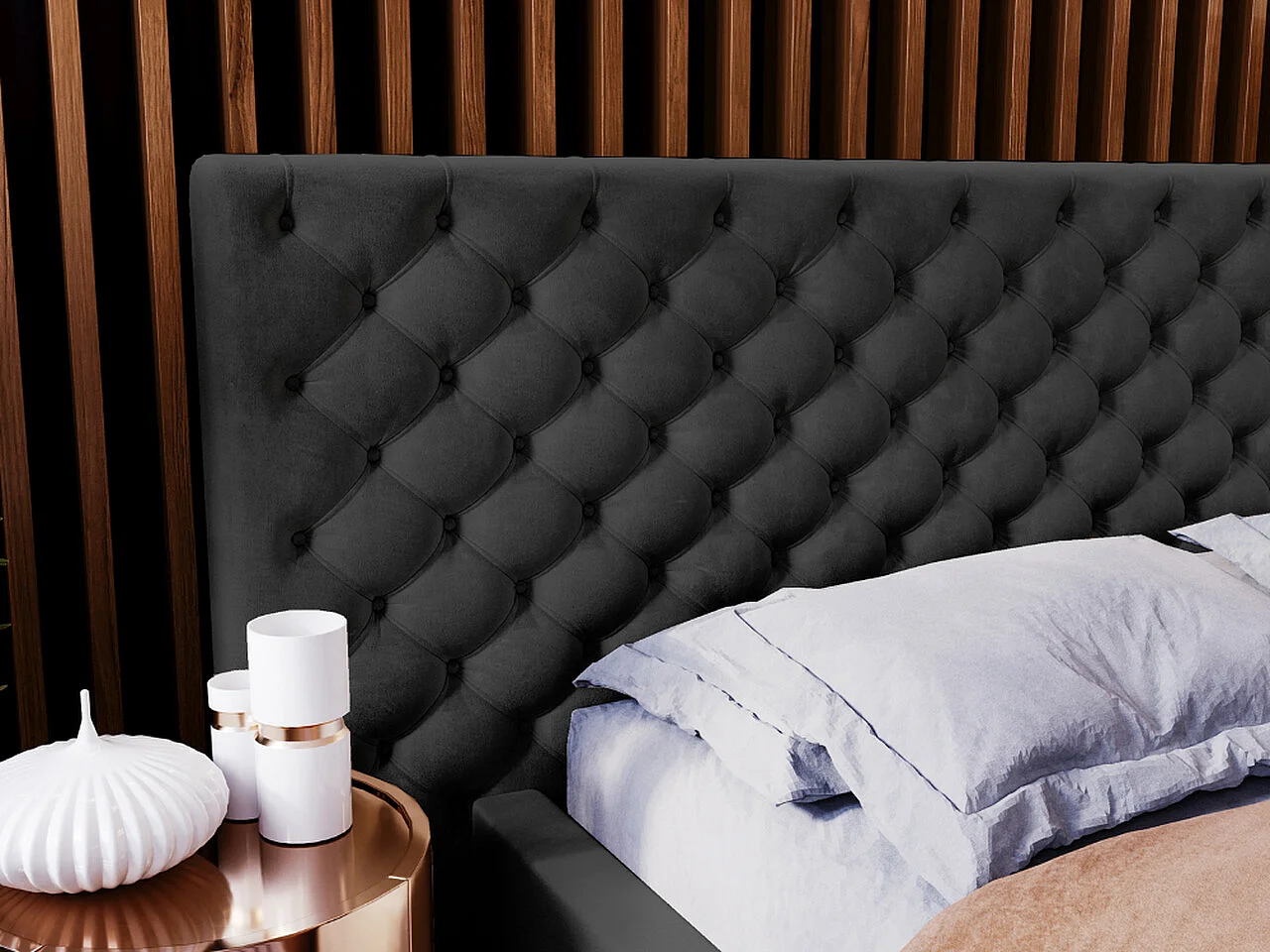 Lit rembourré avec rangement - 160 x 200 - lit double - velours - noir - Madera