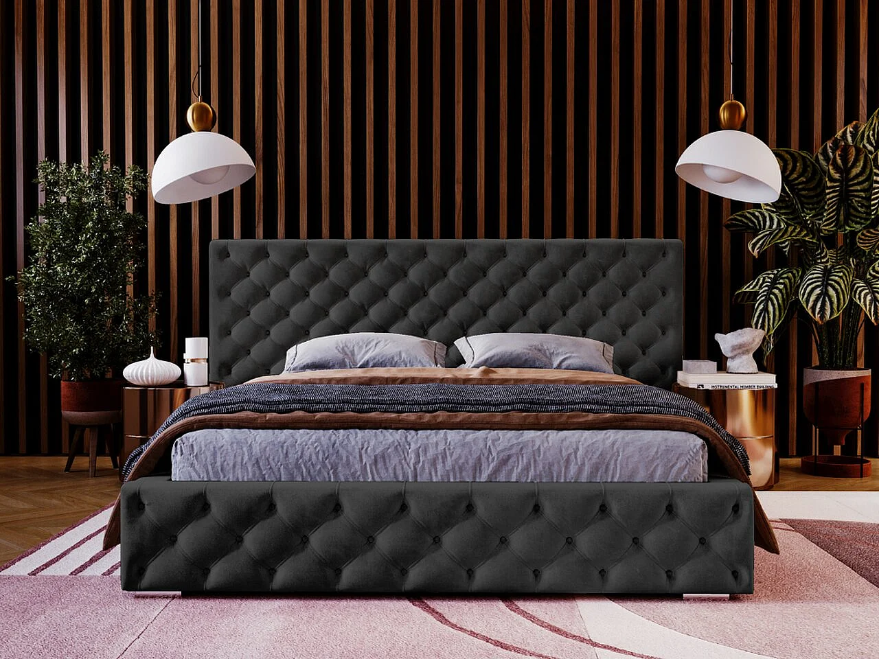Lit rembourré avec rangement - 160 x 200 - lit double - velours - noir - Madera