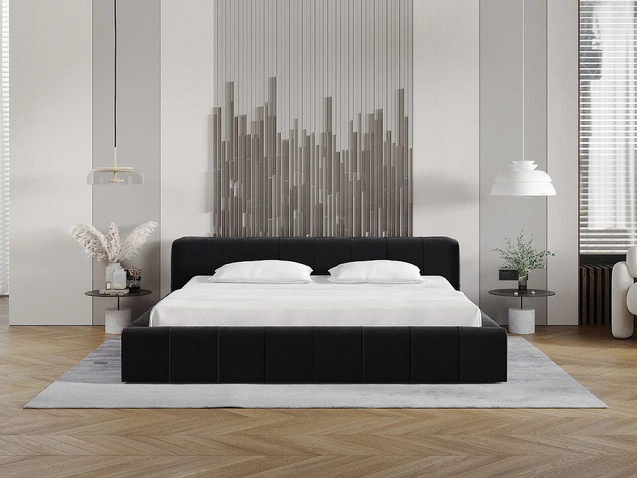 Lit rembourré avec rangement - 120 x 200 - lit double - velours - noir - Lipari