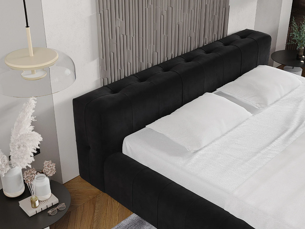 Lit rembourré avec rangement - 120 x 200 - lit double - velours - noir - Lipari