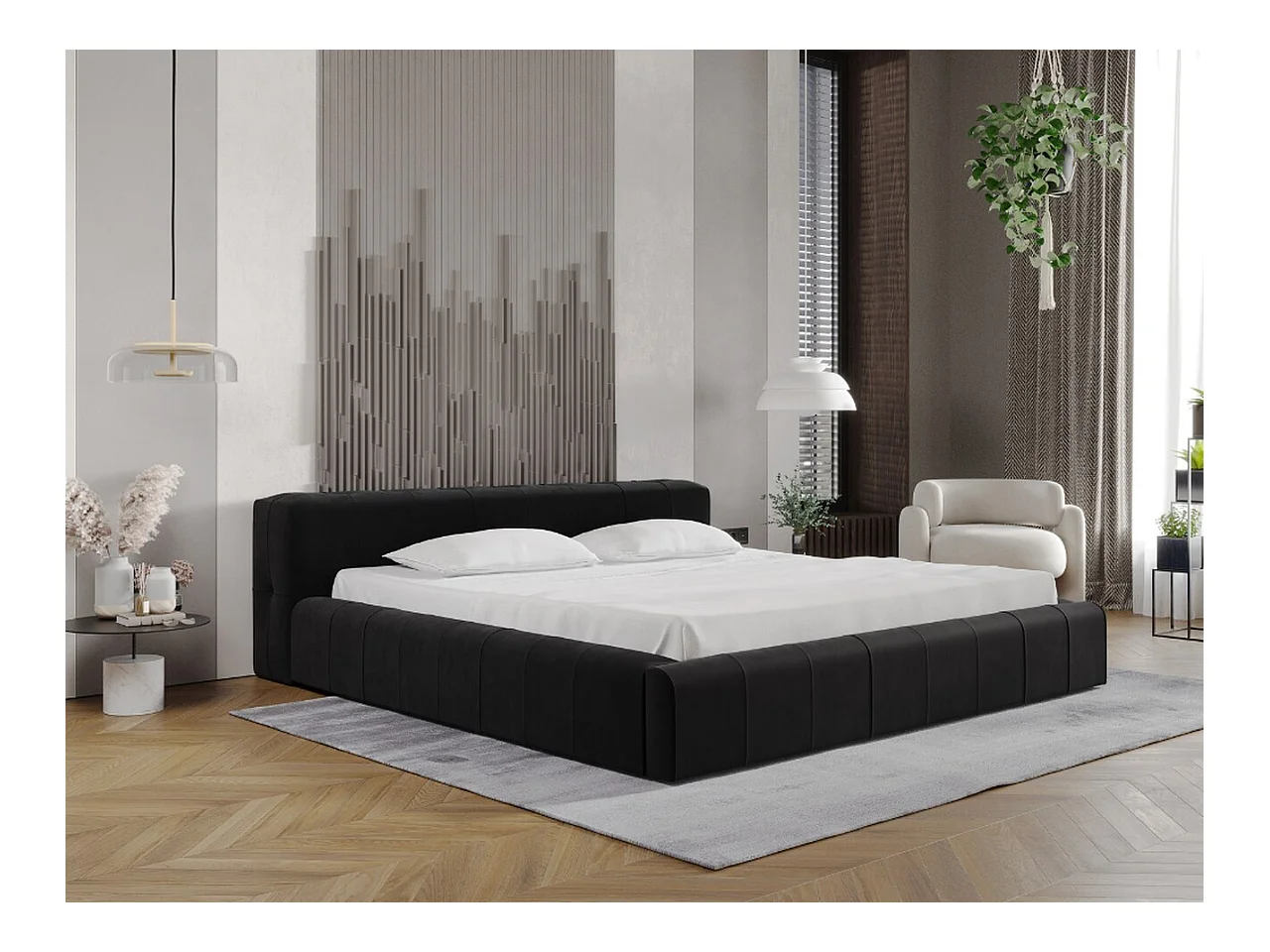 Lit rembourré avec rangement - 120 x 200 - lit double - velours - noir - Lipari