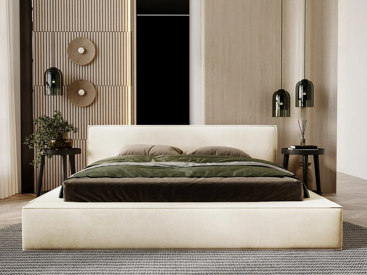 Gestoffeerd bed Mali 180x200 beige - opbergruimte voor beddengoed, houten lattenbodem, doorgestikt hoofdbord en bedframe