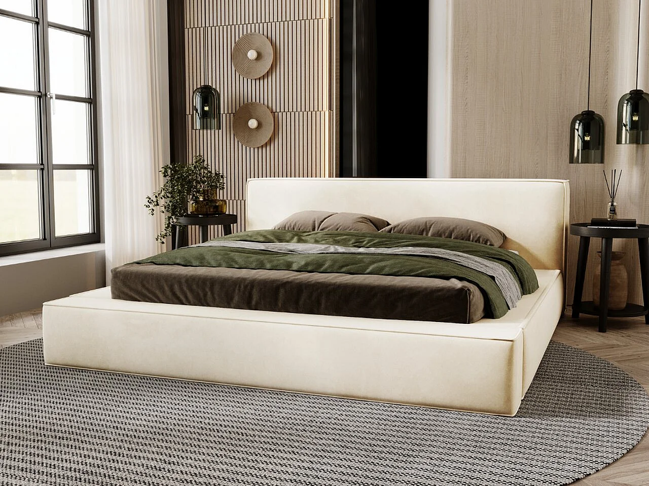 Lit rembourré avec rangement - 180 x 200 - lit double - velours - beige - Mali