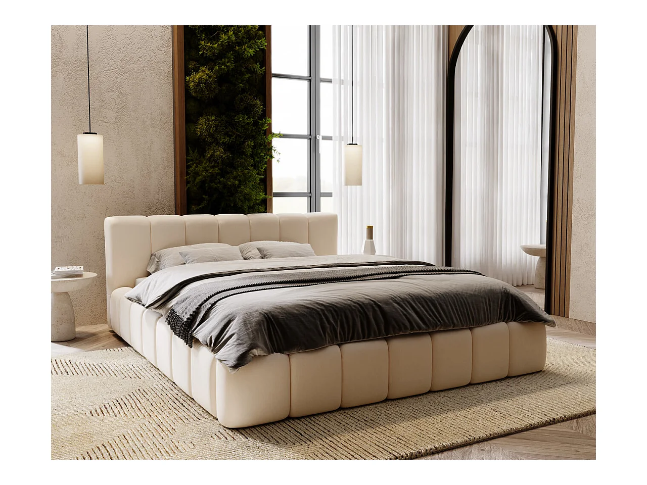 Lit rembourré avec rangement - 120 x 200 - lit double - velours - crème - Split