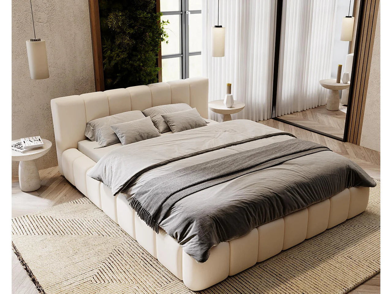 Lit rembourré avec rangement - 120 x 200 - lit double - velours - crème - Split