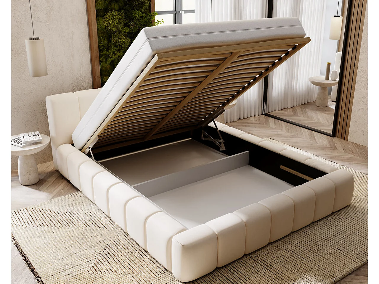 Lit rembourré avec rangement - 120 x 200 - lit double - velours - crème - Split