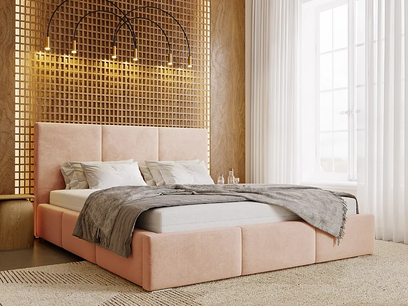 Polsterbett mit Bettkasten - 140 x 200 - Samtstoff - Schmutziges Rosa - Bett mit Lattenrost - LINCOLN