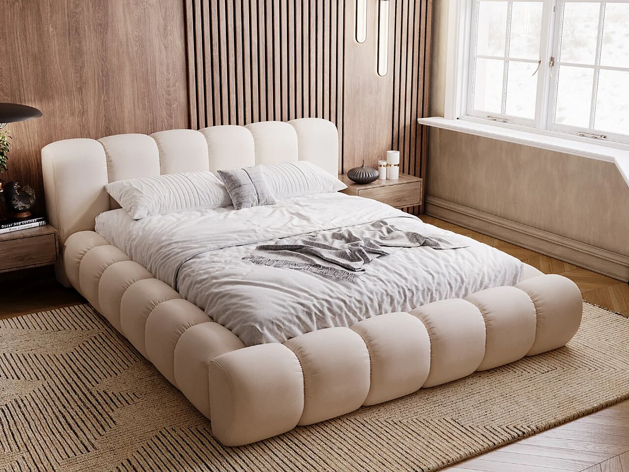 Polsterbett mit Bettkasten - 160 x 200 - Samtstoff - Beige - Bett mit Lattenrost - DORIA