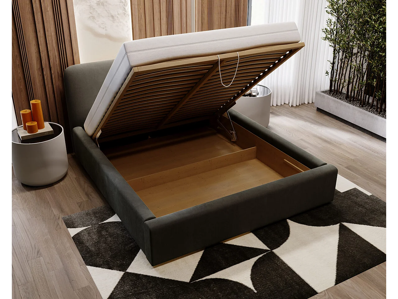 Lit rembourré avec rangement - 200 x 200 - lit double - velours - gris foncé - Palermo