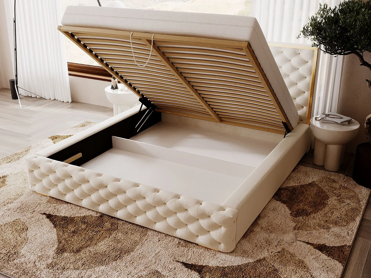 Lit rembourré avec rangement - 200 x 200 - lit double - velours - beige - Wave