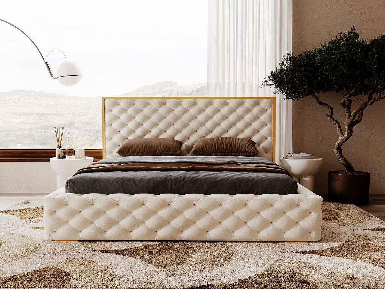 Lit rembourré avec rangement - 200 x 200 - lit double - velours - beige - Wave