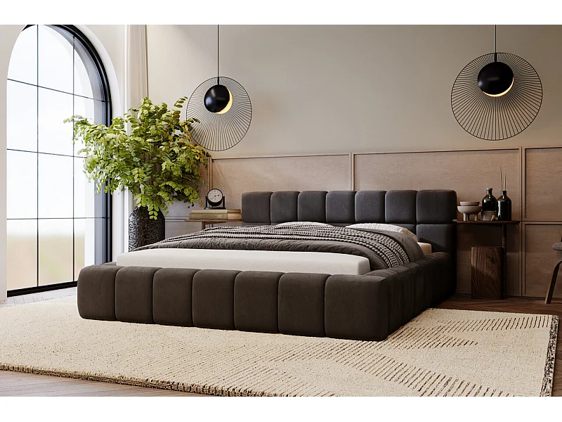 Gestoffeerd bed Alicante 180x200 antraciet - opbergruimte voor beddengoed, houten lattenbodem, doorgestikt hoofdbord en bedframe.