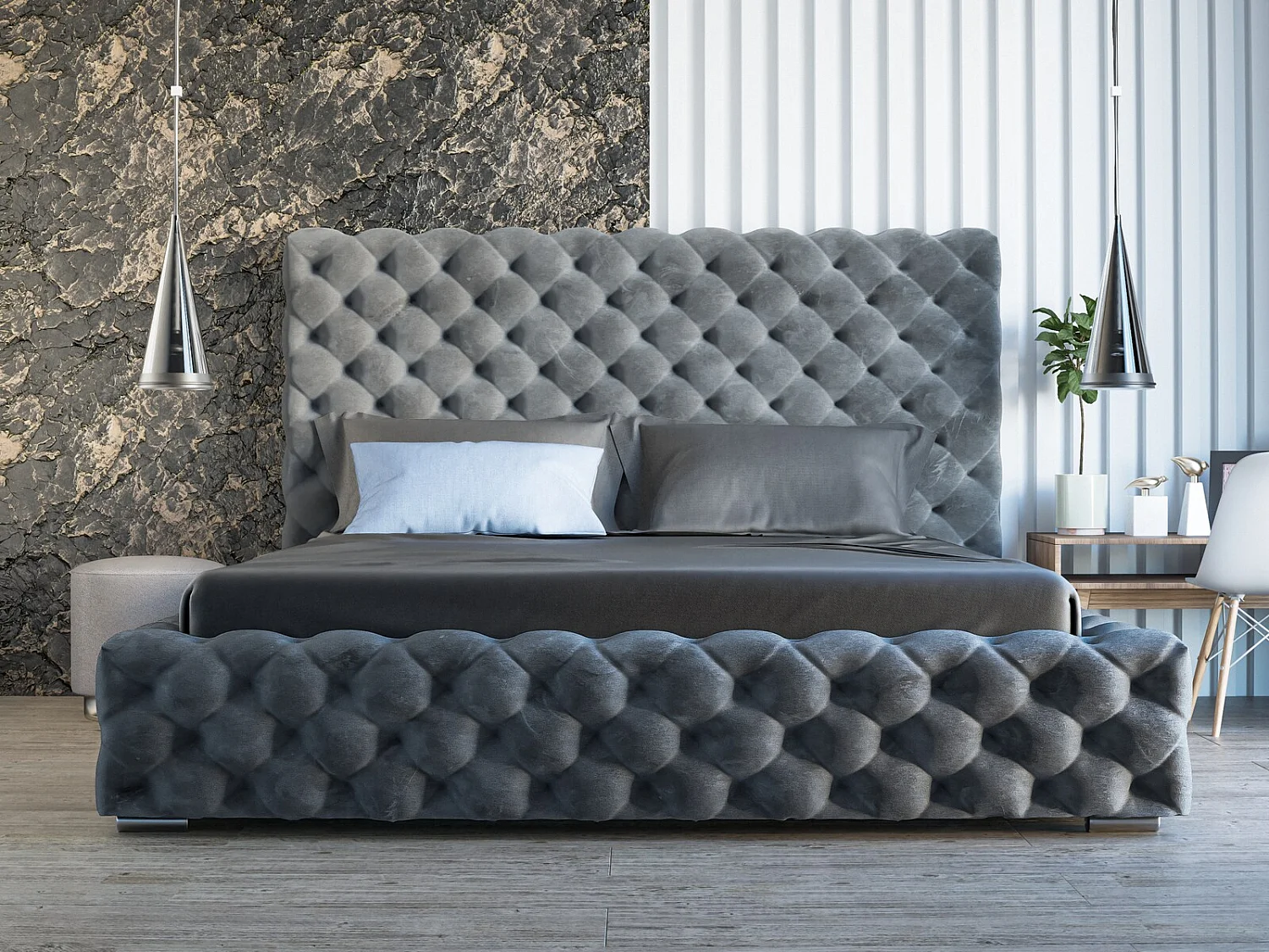 Gestoffeerd bed Heaven 160x200 donkergrijs - opbergruimte voor beddengoed, houten lattenbodem, doorgestikt hoofdbord en bedframe