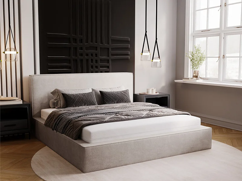 Lit rembourré avec rangement - 160 x 200 - lit double - velours - gris clair - Monaco