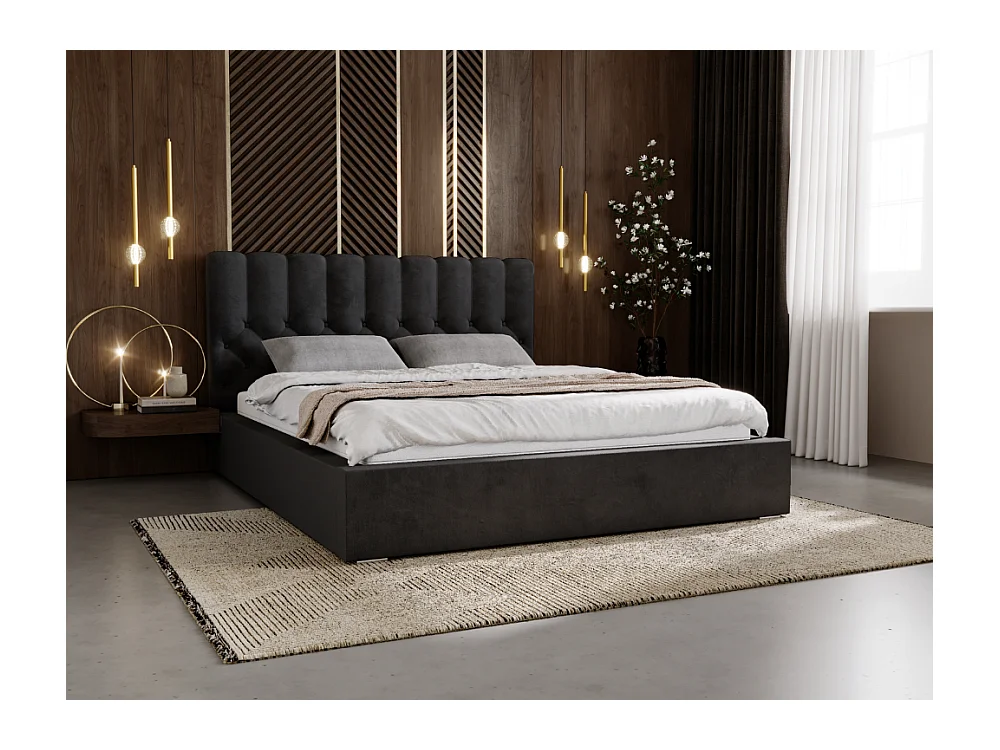 Lit rembourré avec rangement - 200 x 200 - lit double - velours - noir - Roma