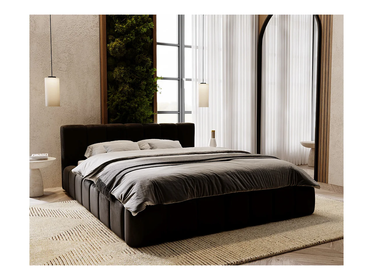 Lit rembourré avec rangement - 180 x 200 - lit double - velours - noir - Split