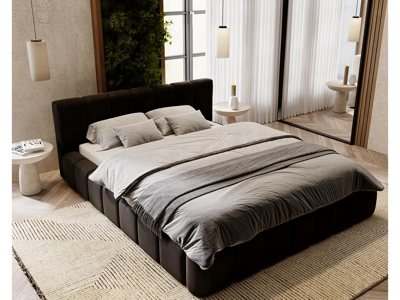 Lit rembourré avec rangement - 180 x 200 - lit double - velours - noir - Split