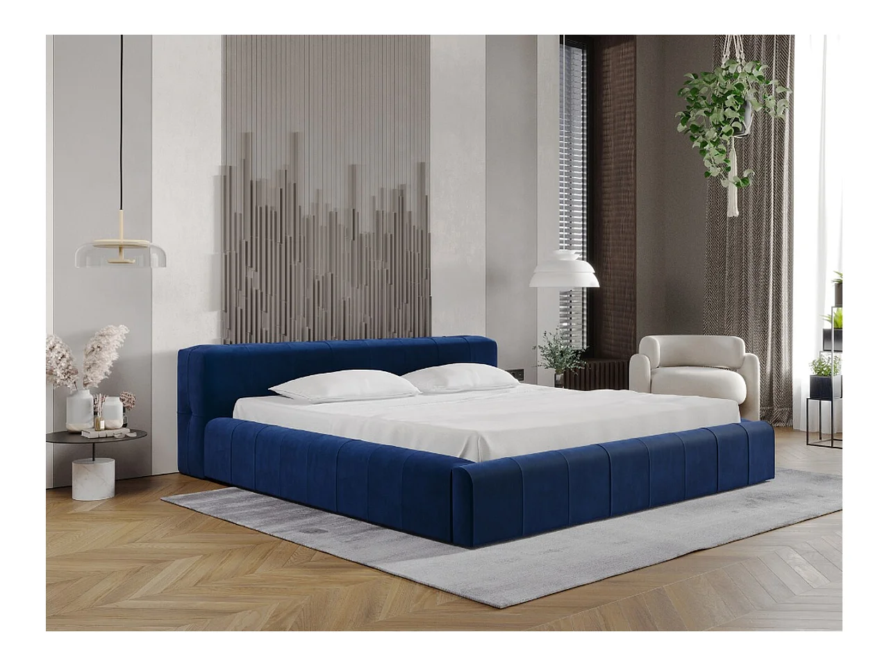 Lit rembourré avec rangement - 180 x 200 - lit double - velours - bleu marine - Lipari