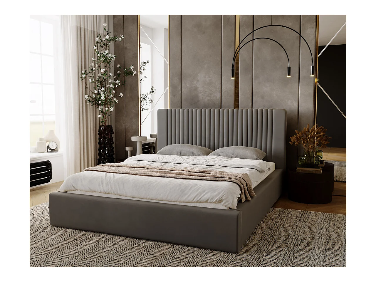 Lit rembourré avec rangement - 140 x 200 - lit double - velours - gris - Malmo
