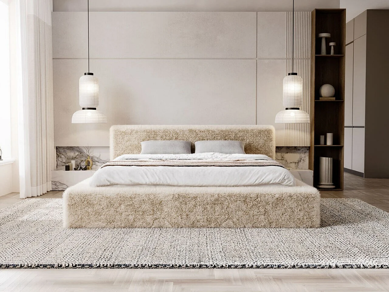 Gestoffeerd bed Enjoy 120x200 beige - opbergruimte voor beddengoed, houten lattenbodem, doorgestikt hoofdbord en bedframe