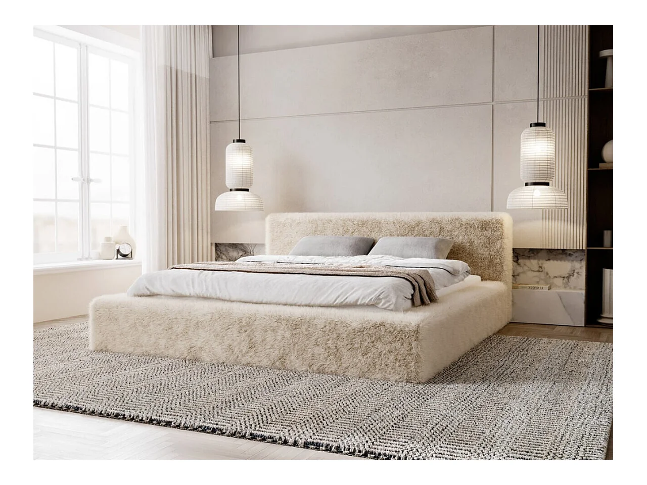 Lit rembourré avec rangement - 120 x 200 - lit double - peluche - beige - Enjoy