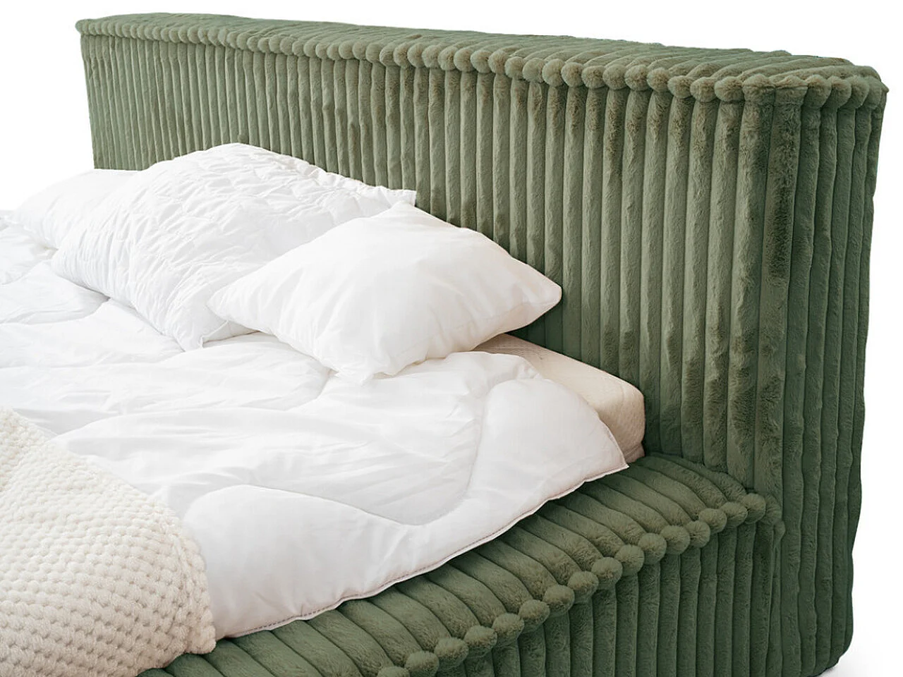 Gestoffeerd bed Lago 160x200 groen - opbergruimte voor beddengoed, houten lattenbodem, doorgestikt hoofdbord en bedframe