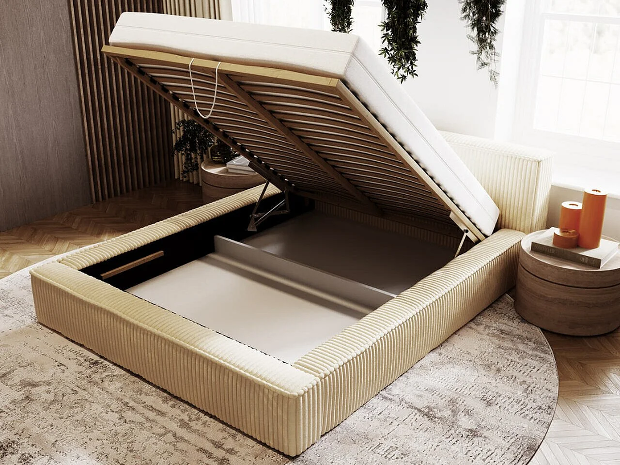 Gestoffeerd bed Lago 160x200 groen - opbergruimte voor beddengoed, houten lattenbodem, doorgestikt hoofdbord en bedframe