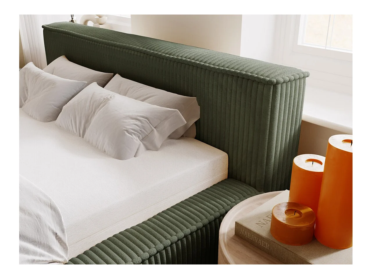 Lit rembourré avec rangement - 160 x 200 - lit double - côtelé - vert - Lago