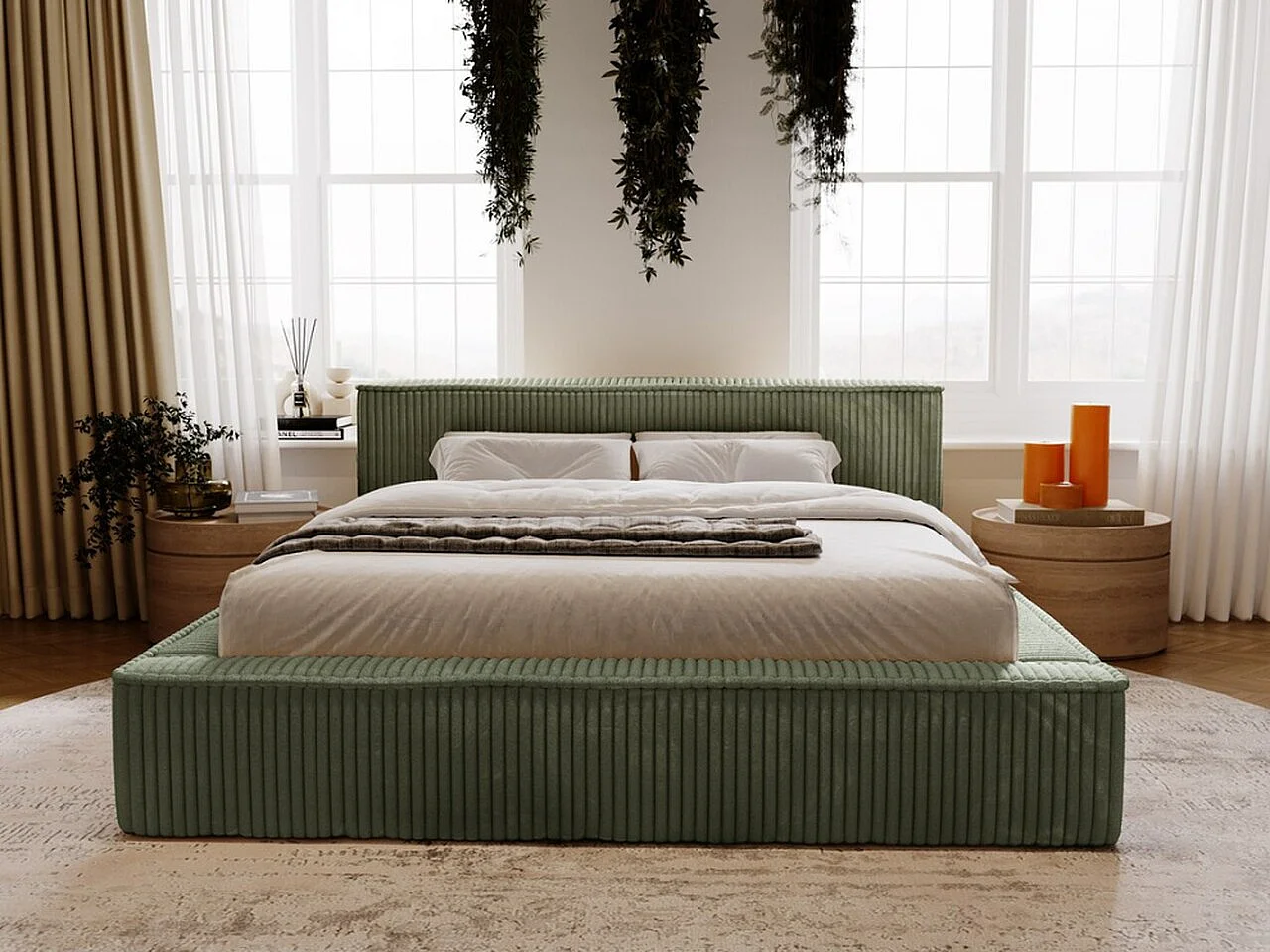 Lit rembourré avec rangement - 160 x 200 - lit double - fourrure - vert - Lago