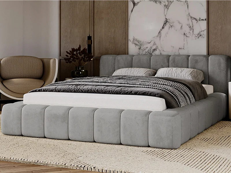 Gestoffeerd bed Ibiza 160x200 grijs - opbergruimte voor beddengoed, houten lattenbodem, doorgestikt hoofdbord en bedframe.