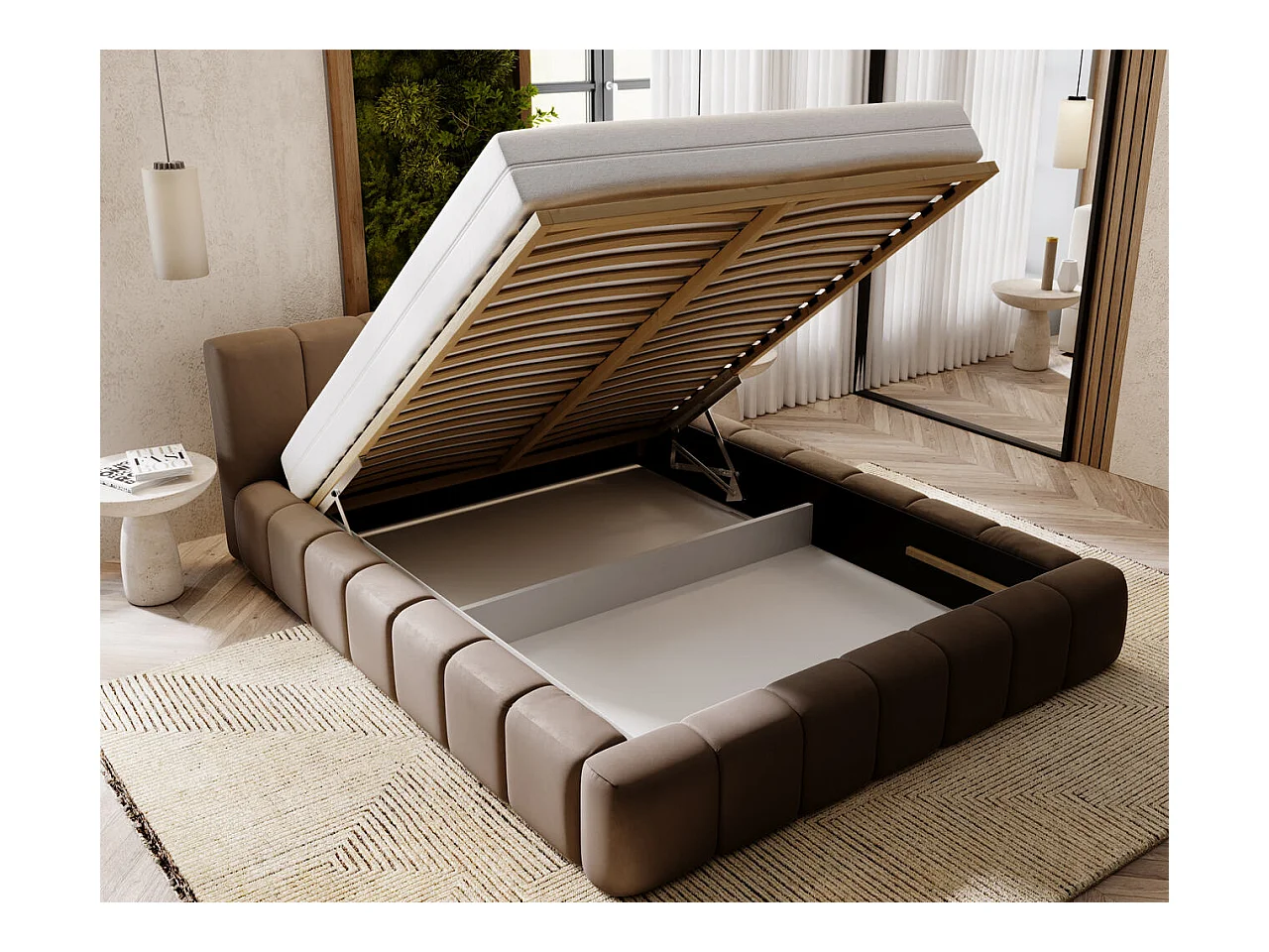 Lit rembourré avec rangement - 180 x 200 - lit double - velours - marron - Split