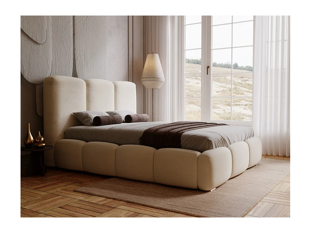 Lit rembourré avec rangement - 160 x 200 - lit double - velours - beige - Bubble