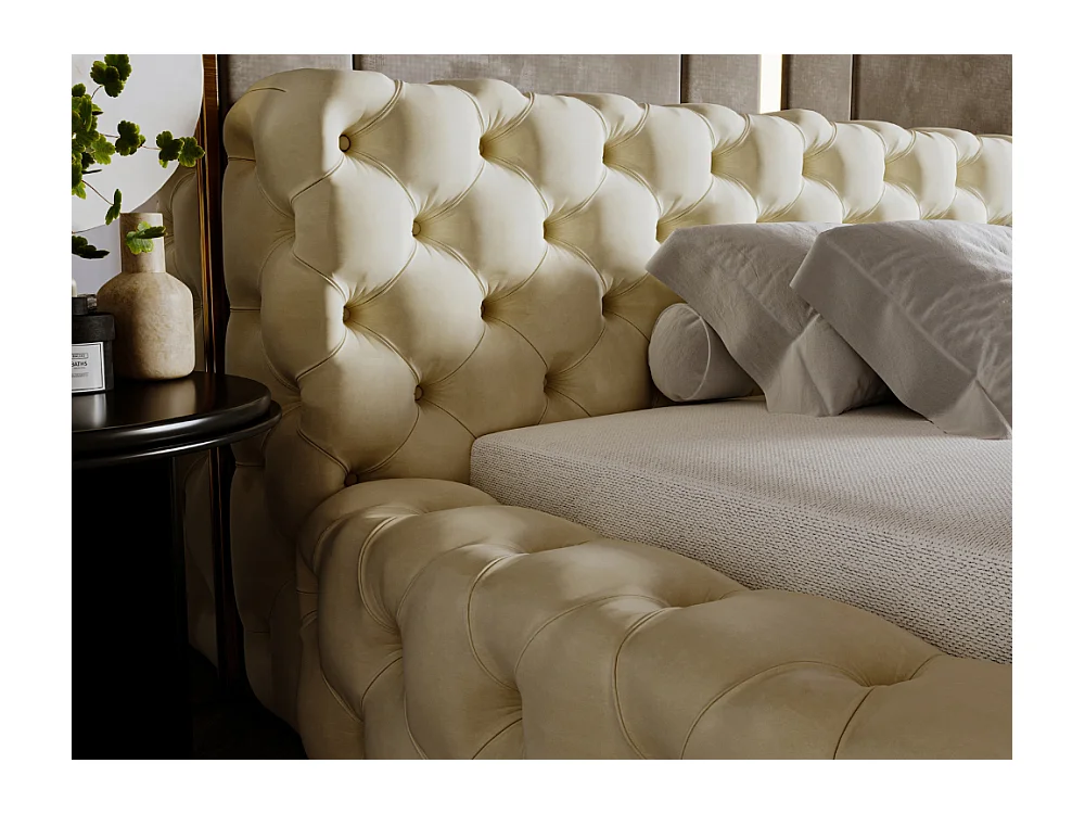 Lit rembourré avec rangement - 140 x 200 - lit double - velours - beige - Palini