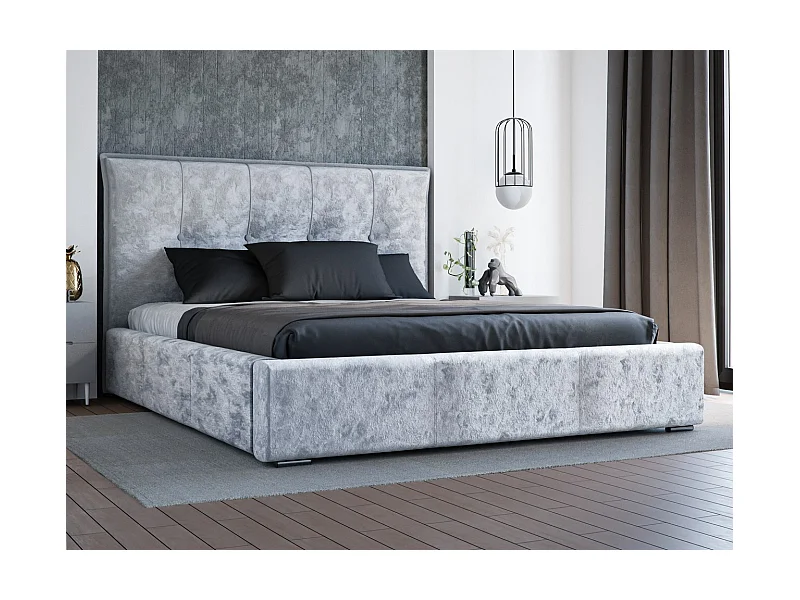 Lit rembourré avec rangement - 180 x 200 - lit double - velours - gris clair - Valencia