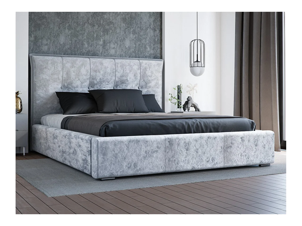 Lit rembourré avec rangement - 180 x 200 - lit double - velours - gris clair - Valencia