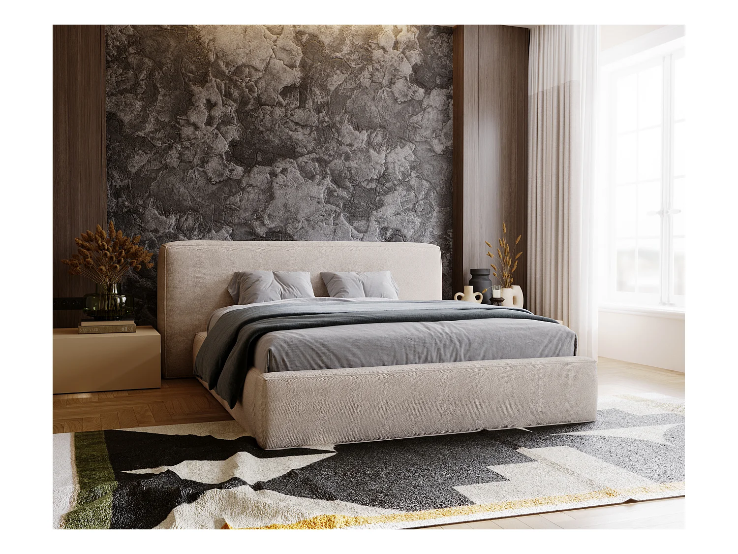 Lit rembourré avec rangement - 180 x 200 - lit double - chenille - beige - Monza
