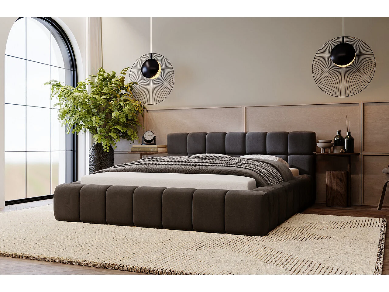 Gestoffeerd bed Alicante 120x200 antraciet - opbergruimte voor beddengoed, houten lattenbodem, doorgestikt hoofdbord en bedframe.