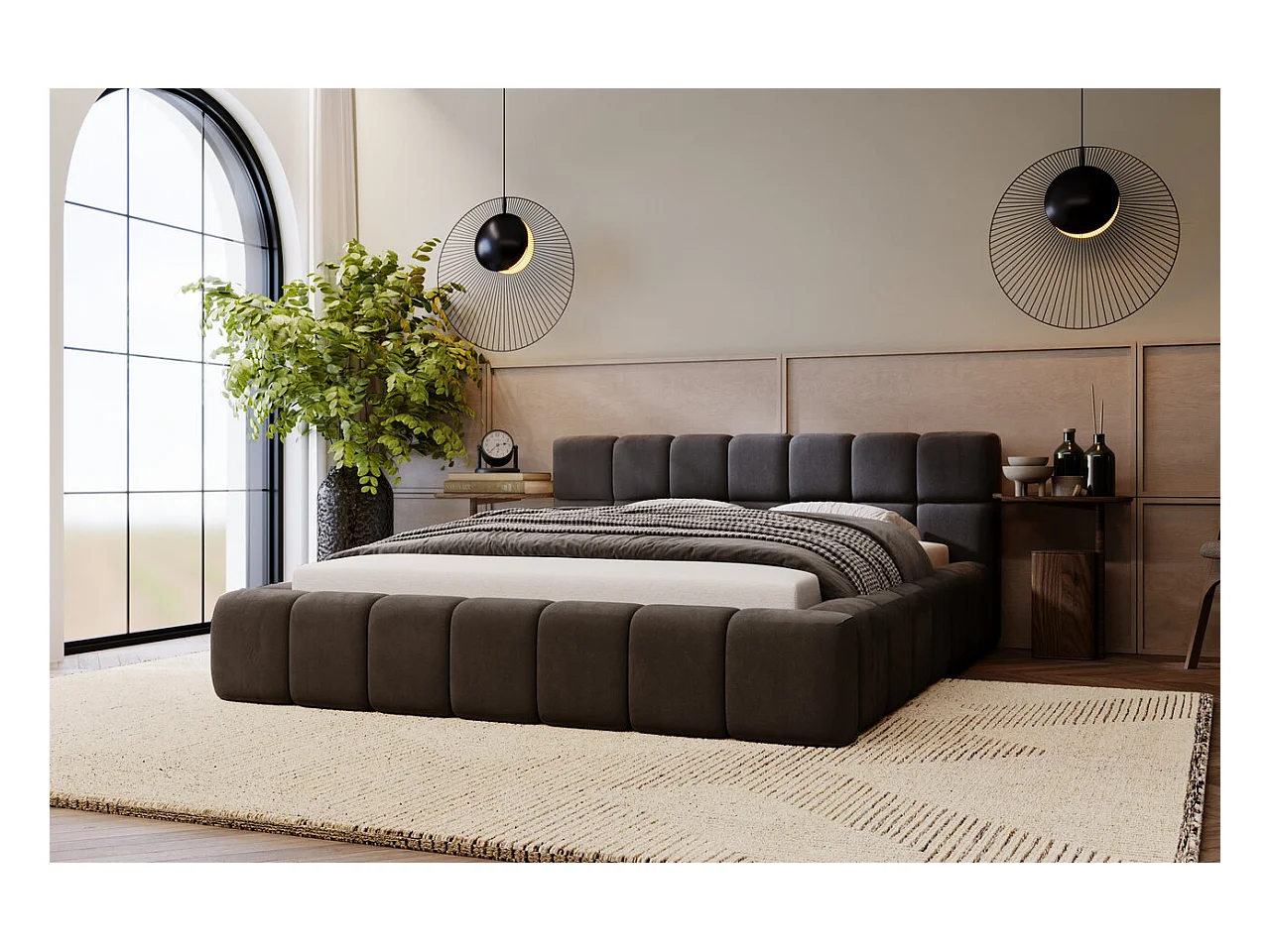 Lit rembourré avec rangement - 120 x 200 - lit double - velours - anthracite - Alicante