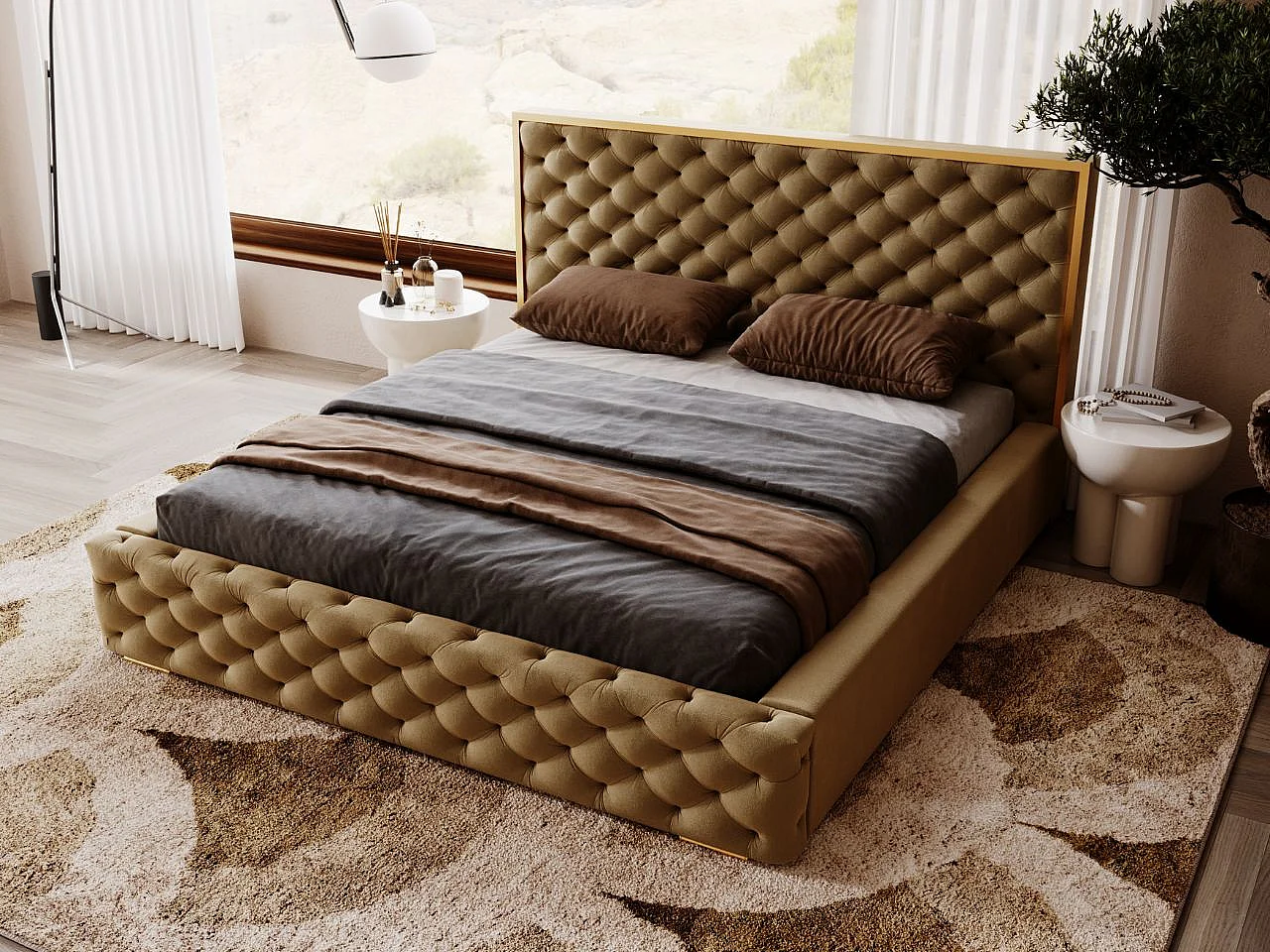 Lit rembourré avec rangement - 200 x 200 - lit double - velours - marron - Wave