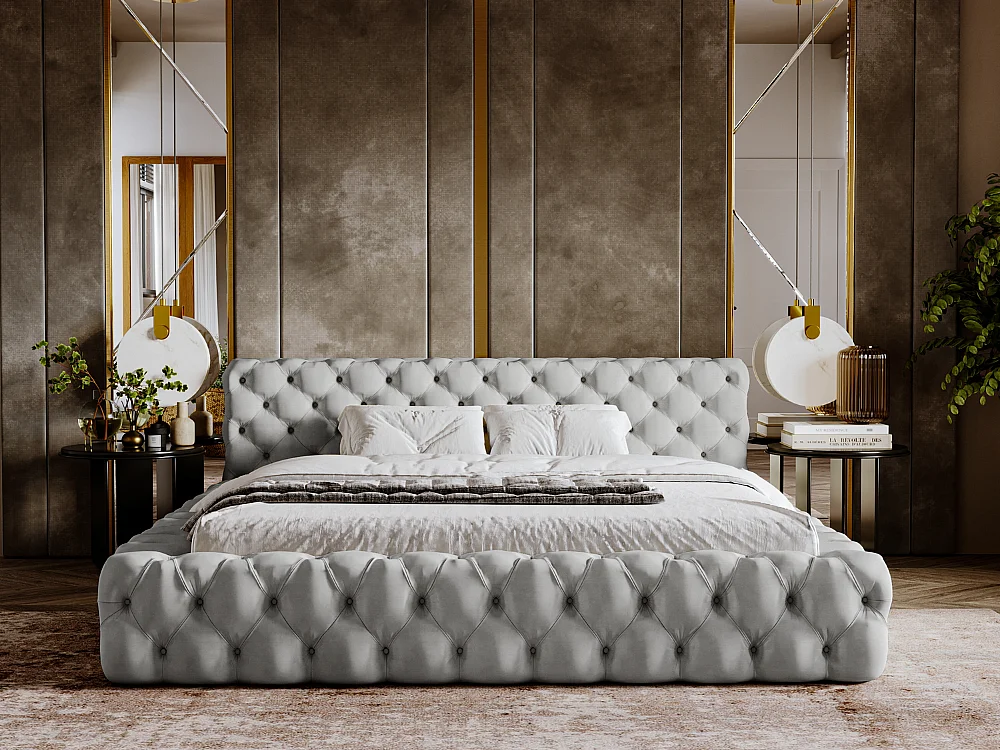 Lit rembourré avec rangement - 180 x 200 - lit double - velours - gris - Palini