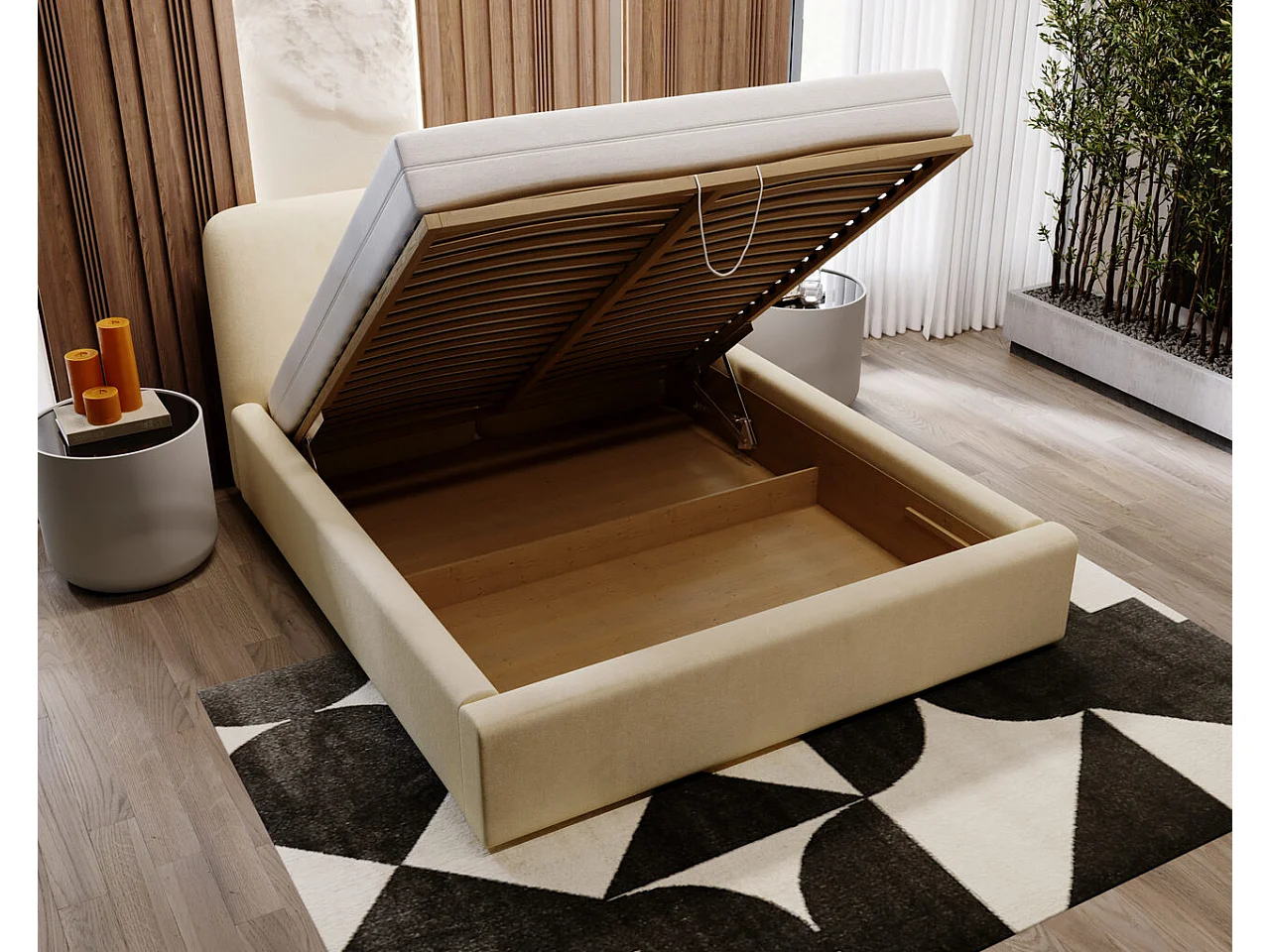 Lit rembourré avec rangement - 180 x 200 - lit double - velours - beige - Palermo