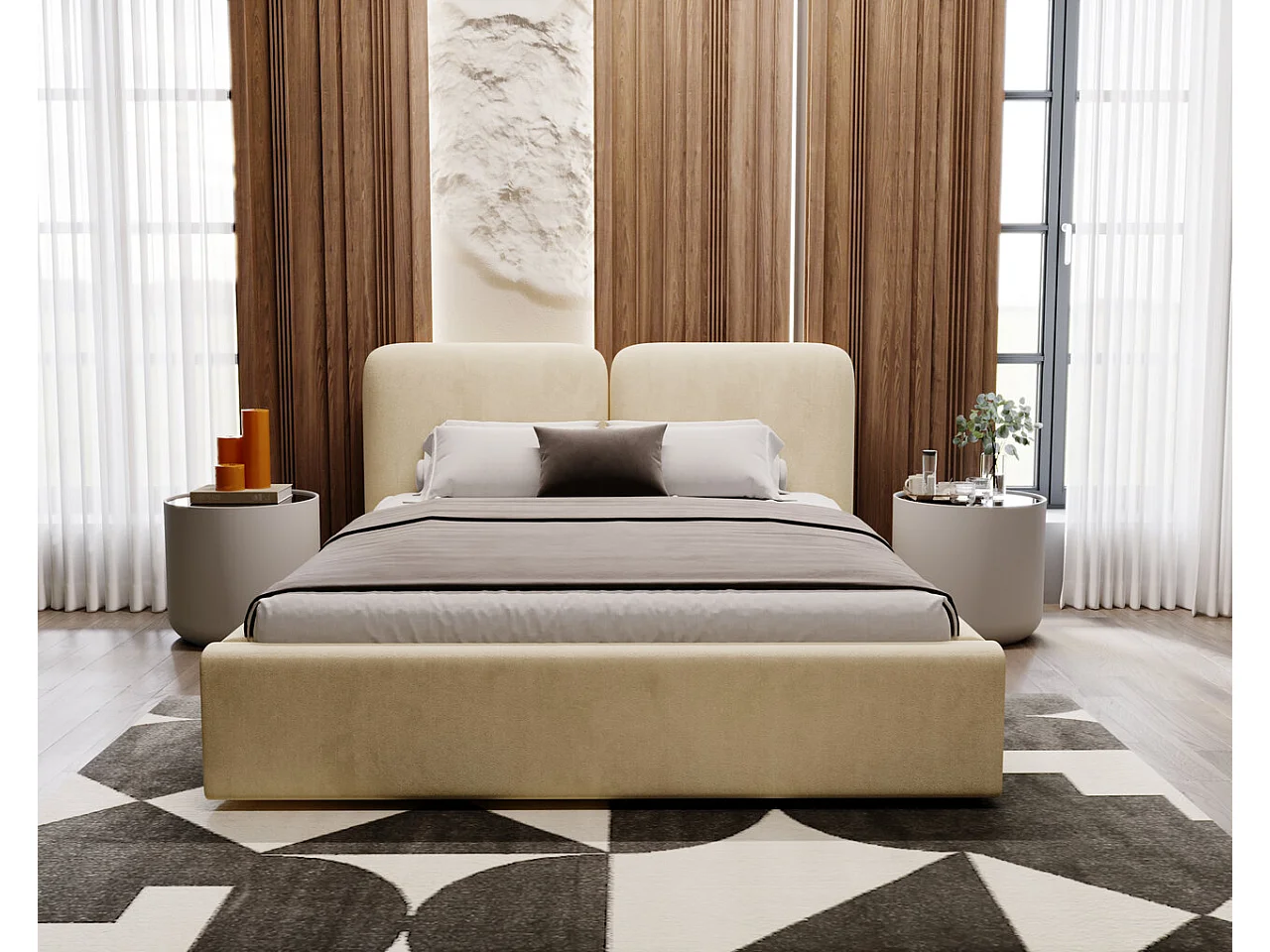 Lit rembourré avec rangement - 180 x 200 - lit double - velours - beige - Palermo