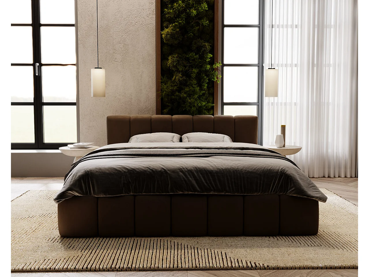 Gestoffeerd bed Split 140x200 bruin - opbergruimte voor beddengoed, houten lattenbodem, doorgestikt hoofdbord en bedframe