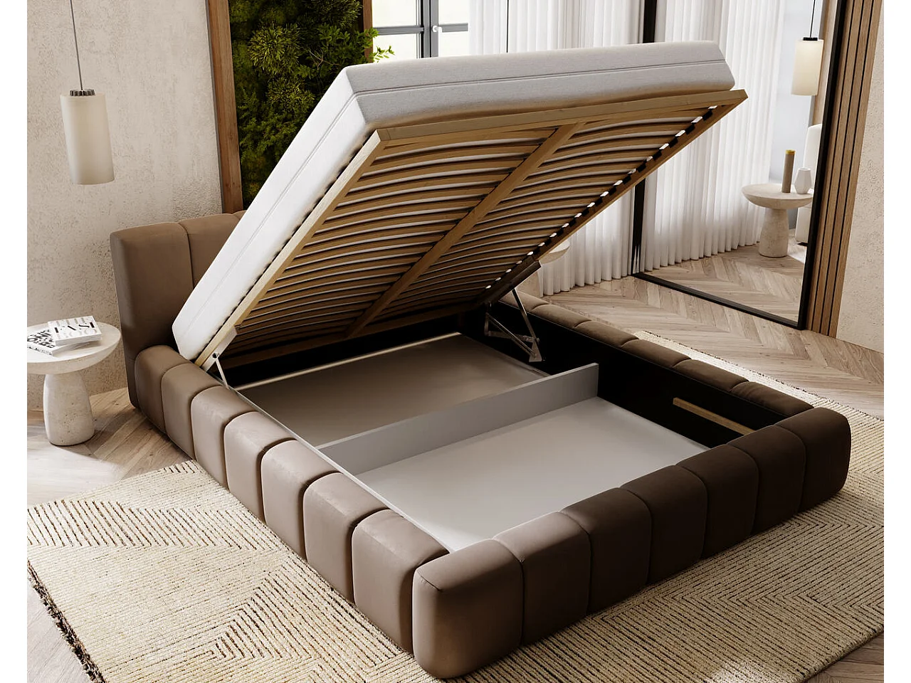 Gestoffeerd bed Split 140x200 bruin - opbergruimte voor beddengoed, houten lattenbodem, doorgestikt hoofdbord en bedframe