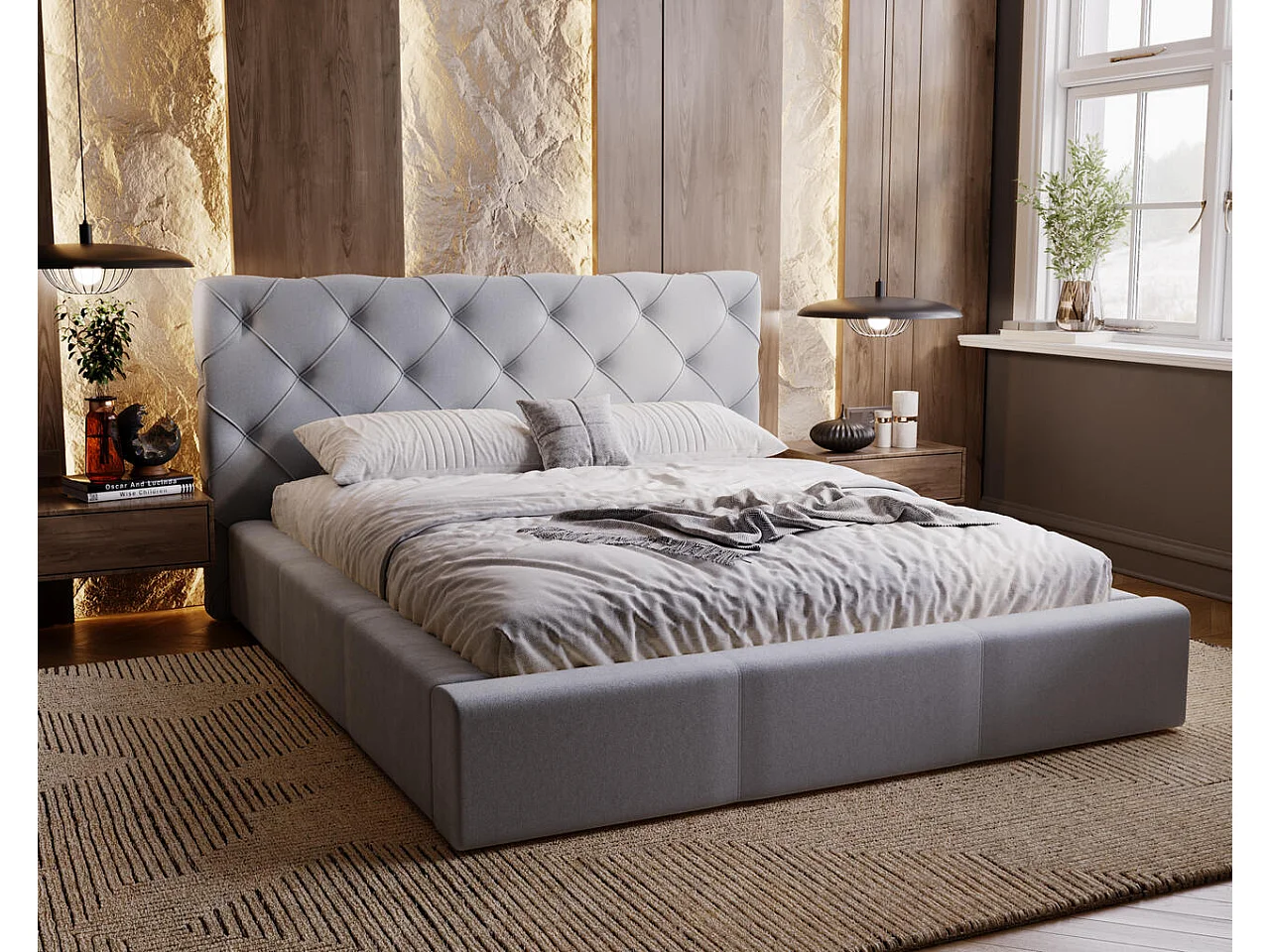 Lit rembourré avec rangement - 120 x 200 - lit double - velours - gris clair - Milano