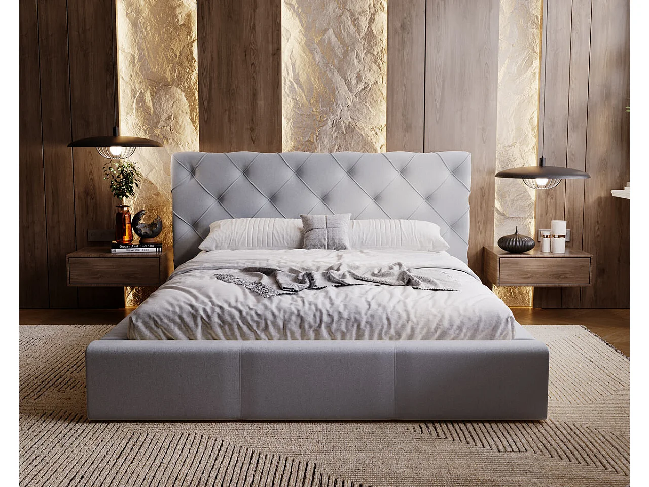 Lit rembourré avec rangement - 120 x 200 - lit double - velours - gris clair - Milano